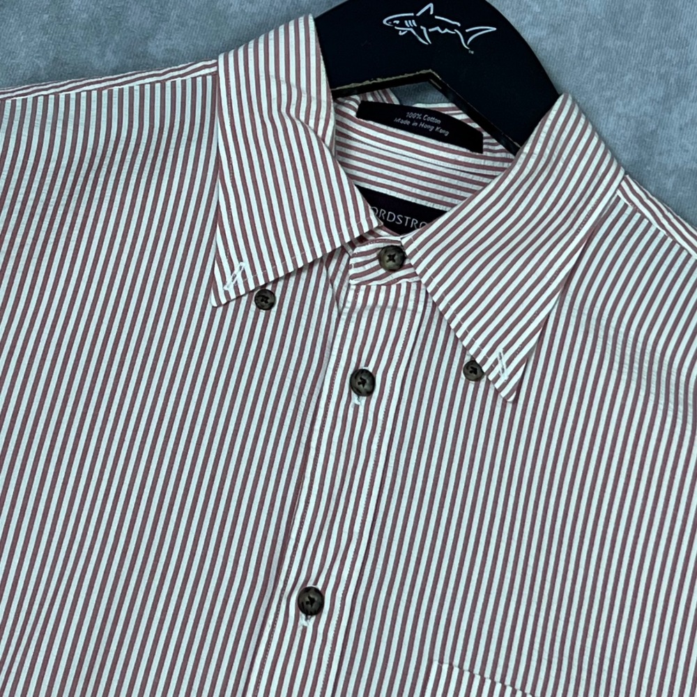 Nordstrom Mens‎ Medium Shirt Subtle Seersucker Cotton Button Pink/White Striped